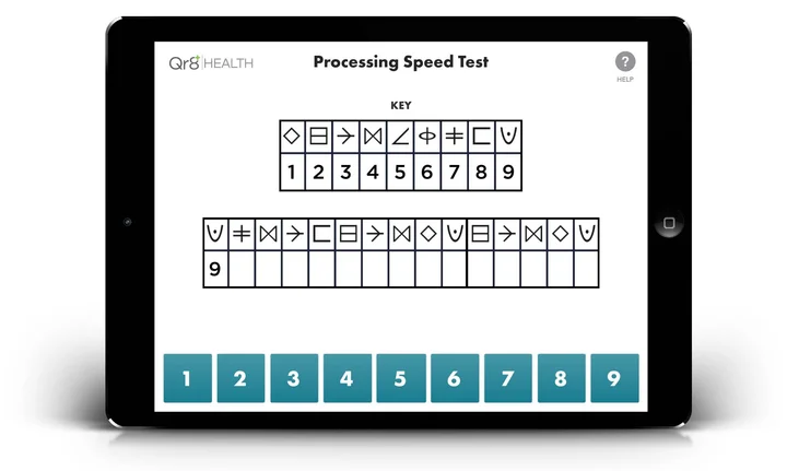Cognition Chronicle’s Processing Speed Test on an iPad, with symbol-to-number matching and a numbered touch keypad.