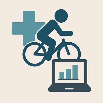 Motion Med Sync app graphic combining a cyclist, a medical cross, and a laptop displaying a chart.