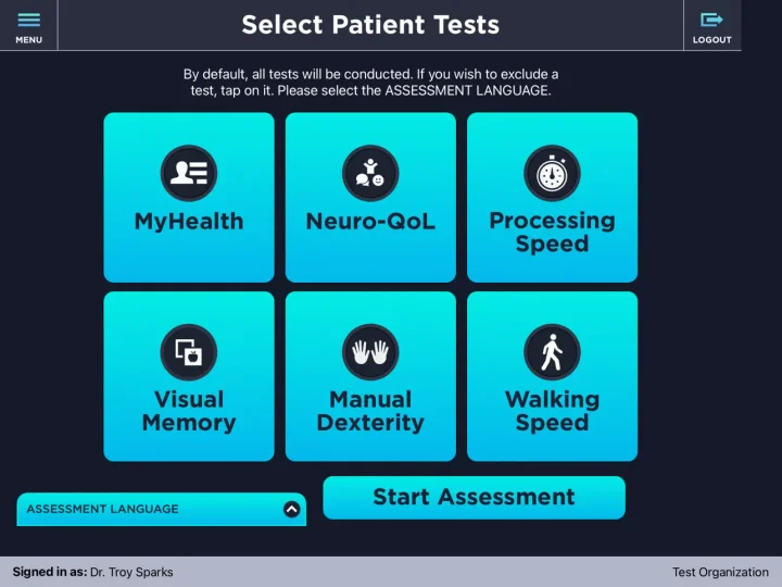 MSPT test selection screen showing MyHealth, Neuro-QoL, processing speed, visual memory, manual dexterity, and walking speed assessments.