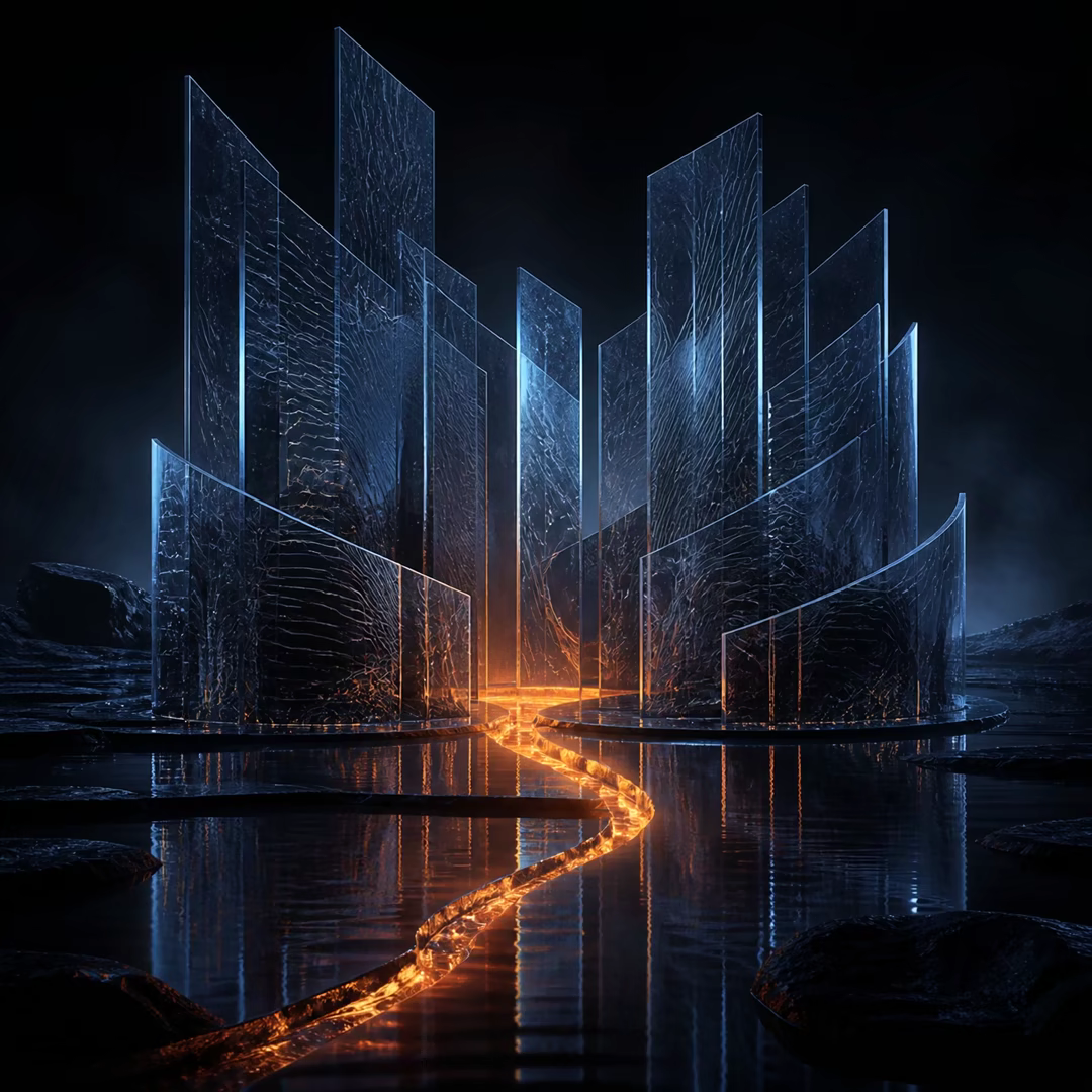 Etched blue glass architecture above dark water, with an ember-orange stream weaving through its reflections.