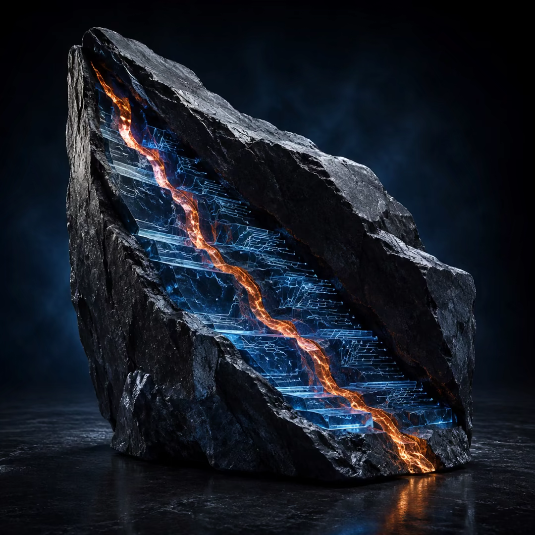 Volcanic stone split by an ember vein, revealing layers of blue etched glass.
