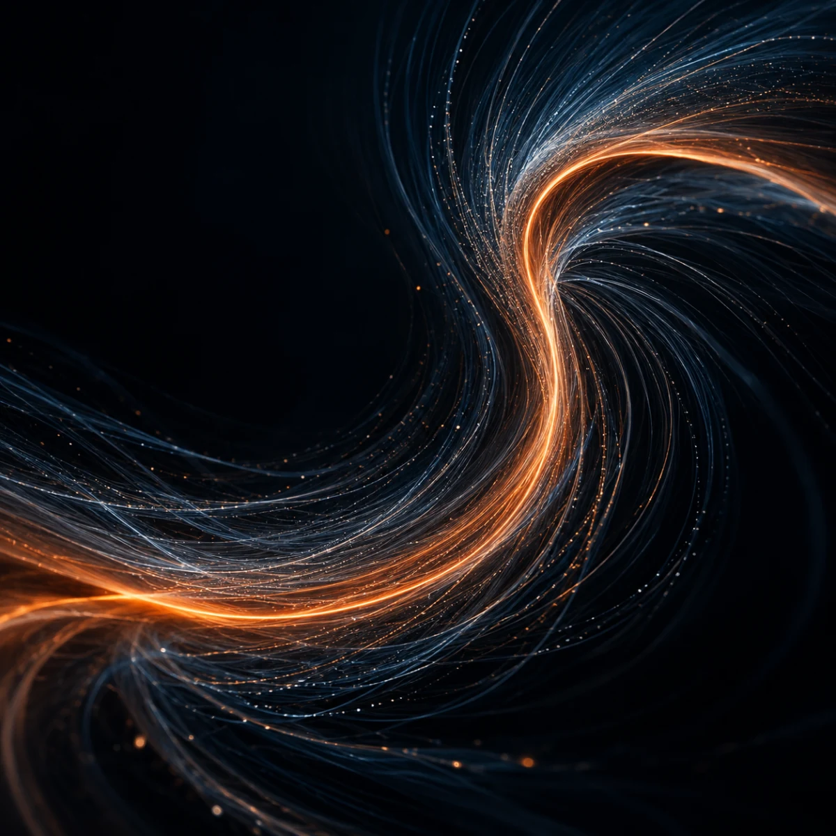 Fine blue light trails bending around a bright orange curve.