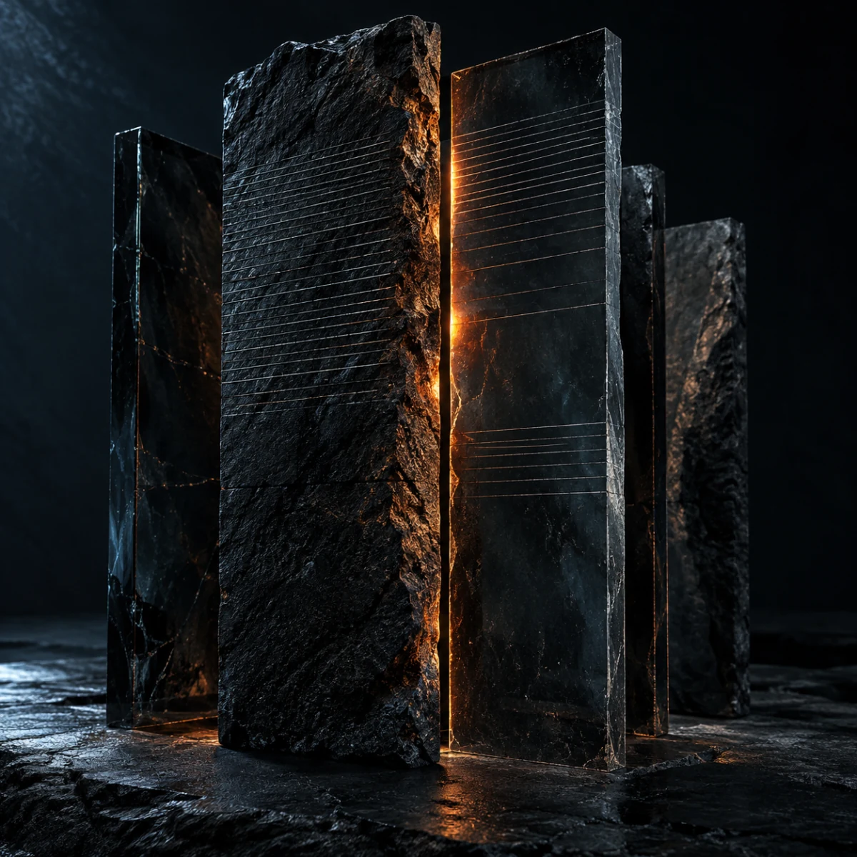 Weathered dark slabs holding a narrow seam of orange light.