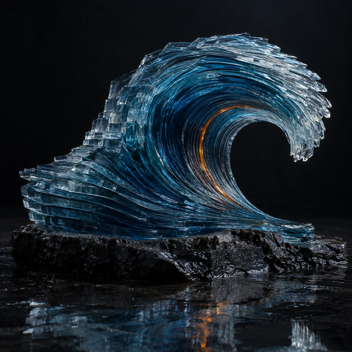 Layered blue glass shaped into a cresting wave.
