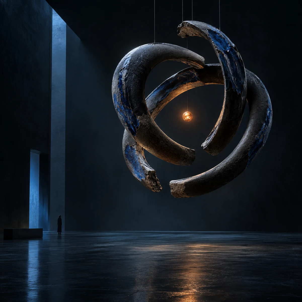 Suspended ceramic rings around a single ember, held in a dark field.