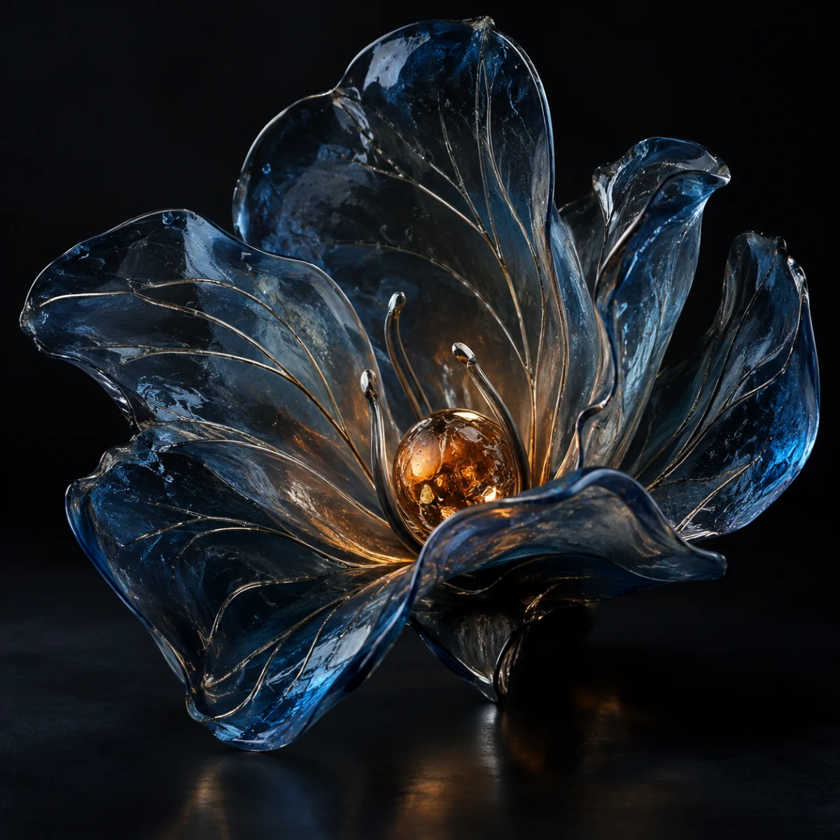 Translucent glass petals gathered around a warm orange core.