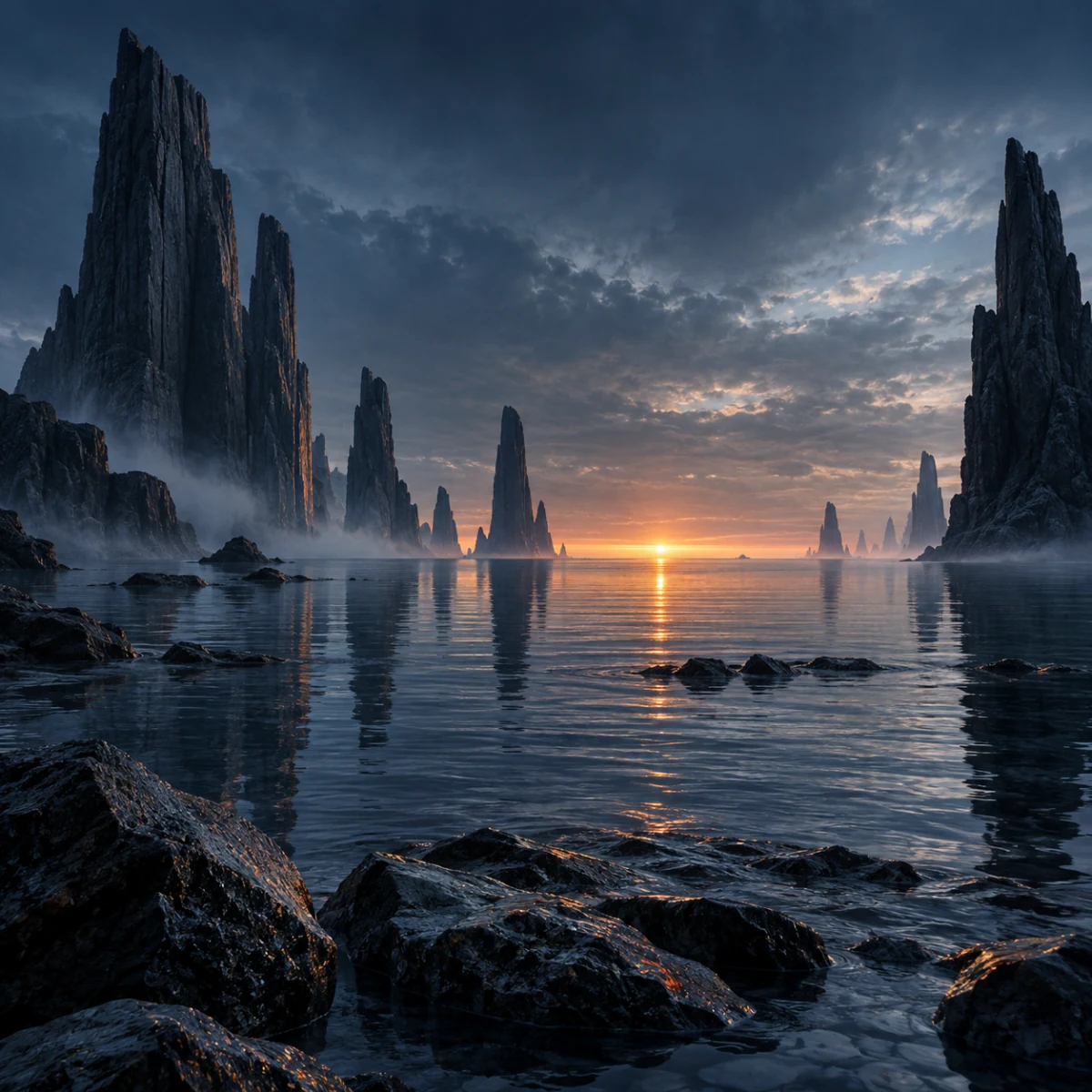 Basalt formations above a still blue sea, with ember light on the horizon.
